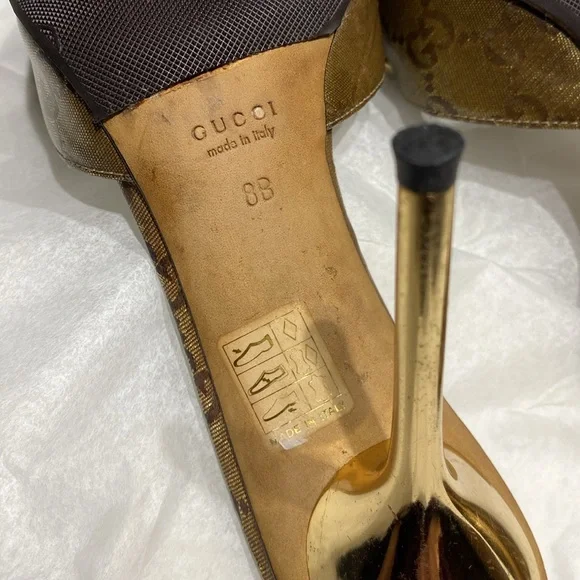 GUCCI Crystal Horsebit GG Heeled Monogram Gold Stiletto Mules size 8 & dust bag - Picture 12 of 17